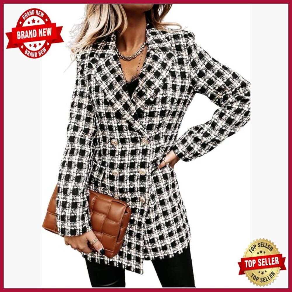 Tweed Blazer Double Breasted Open Front Business Casual Slim Fit Jacket
